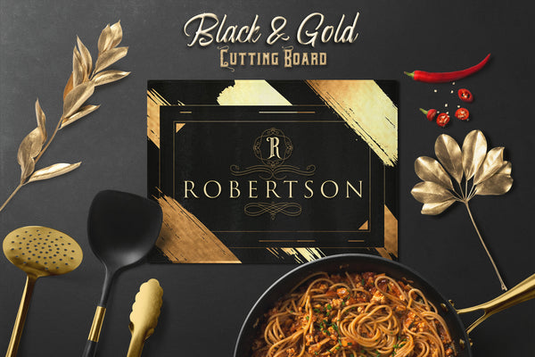 Gold and Black Cutting Board, Personalized Cutting Board for Bar, Kitchen Decor, Housewarming Gift, Glass Cutting Board