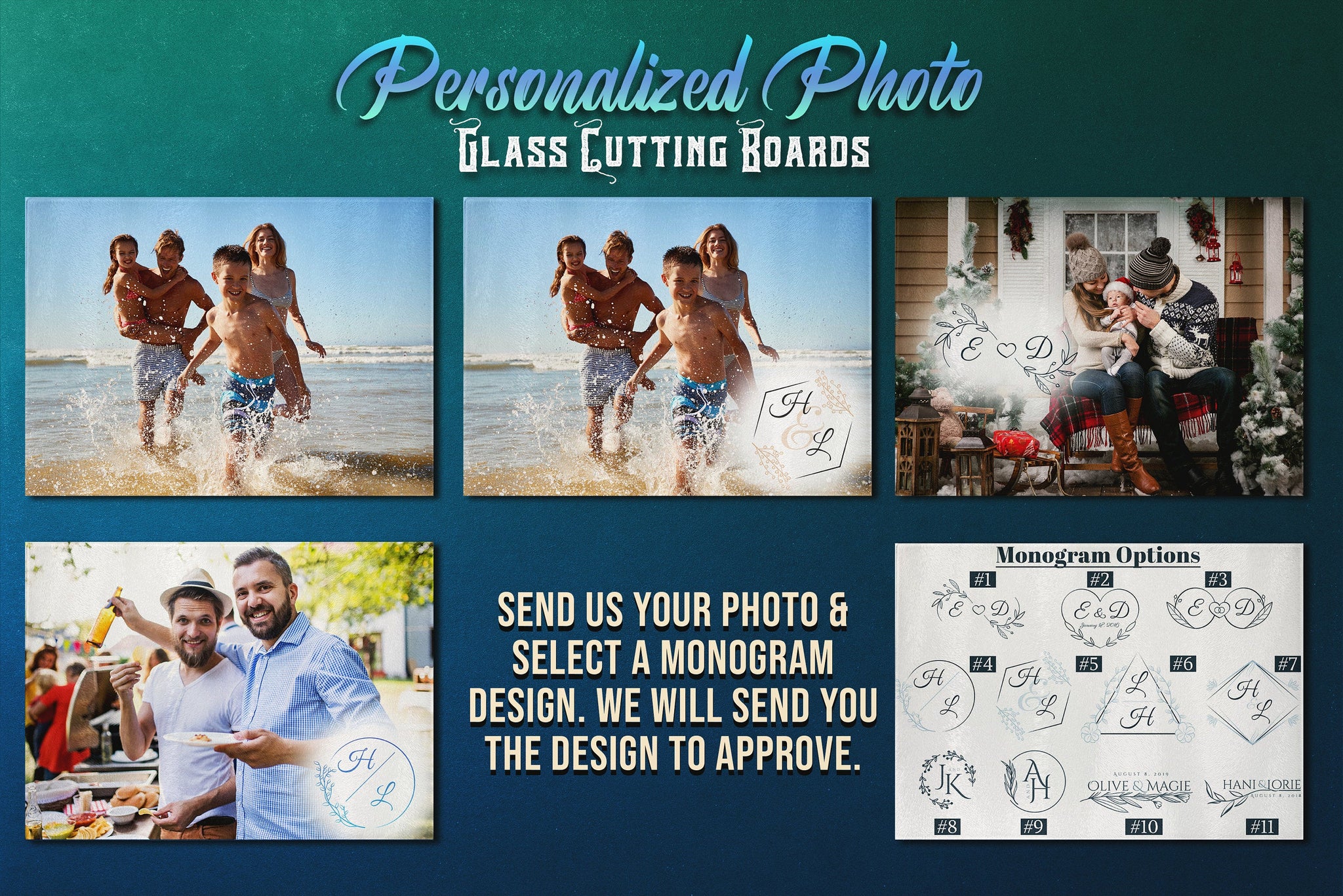 Personalized Cutting Board, Cutting Board Personalized with Your Photo and Selected Monogram, Photo Glass Cutting Board